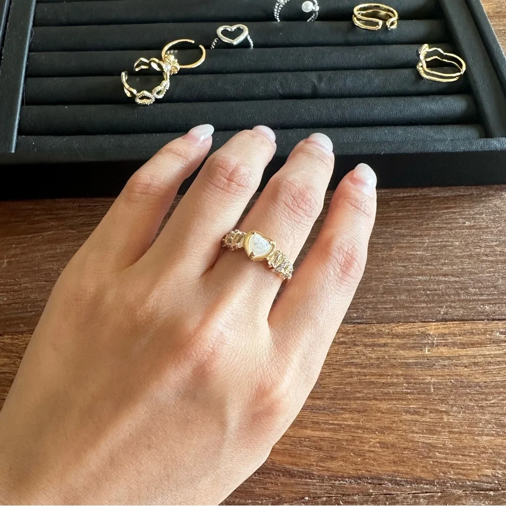 Gold Heart Open Ring Adjustable Rhinestone Heart Ring Romantic Statement Ring